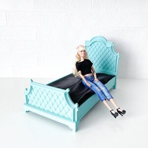 Cyan Tufted Miniature Chesterfield Bed Queen Size 1:6 Scale Barbie Dollhouse
